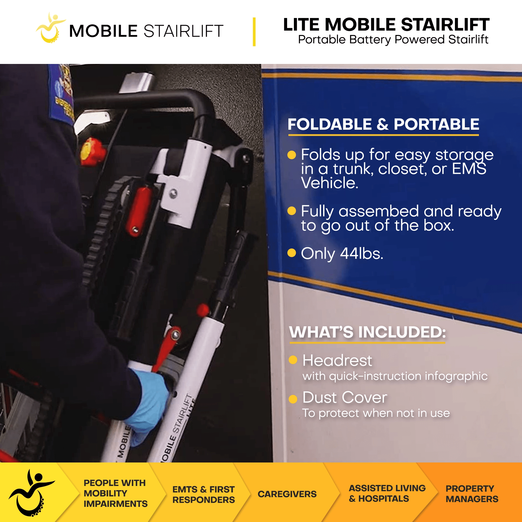 LITE Mobile Stairlift foldable portable design, only 44 lbs, includes headrest and dust cover accessories