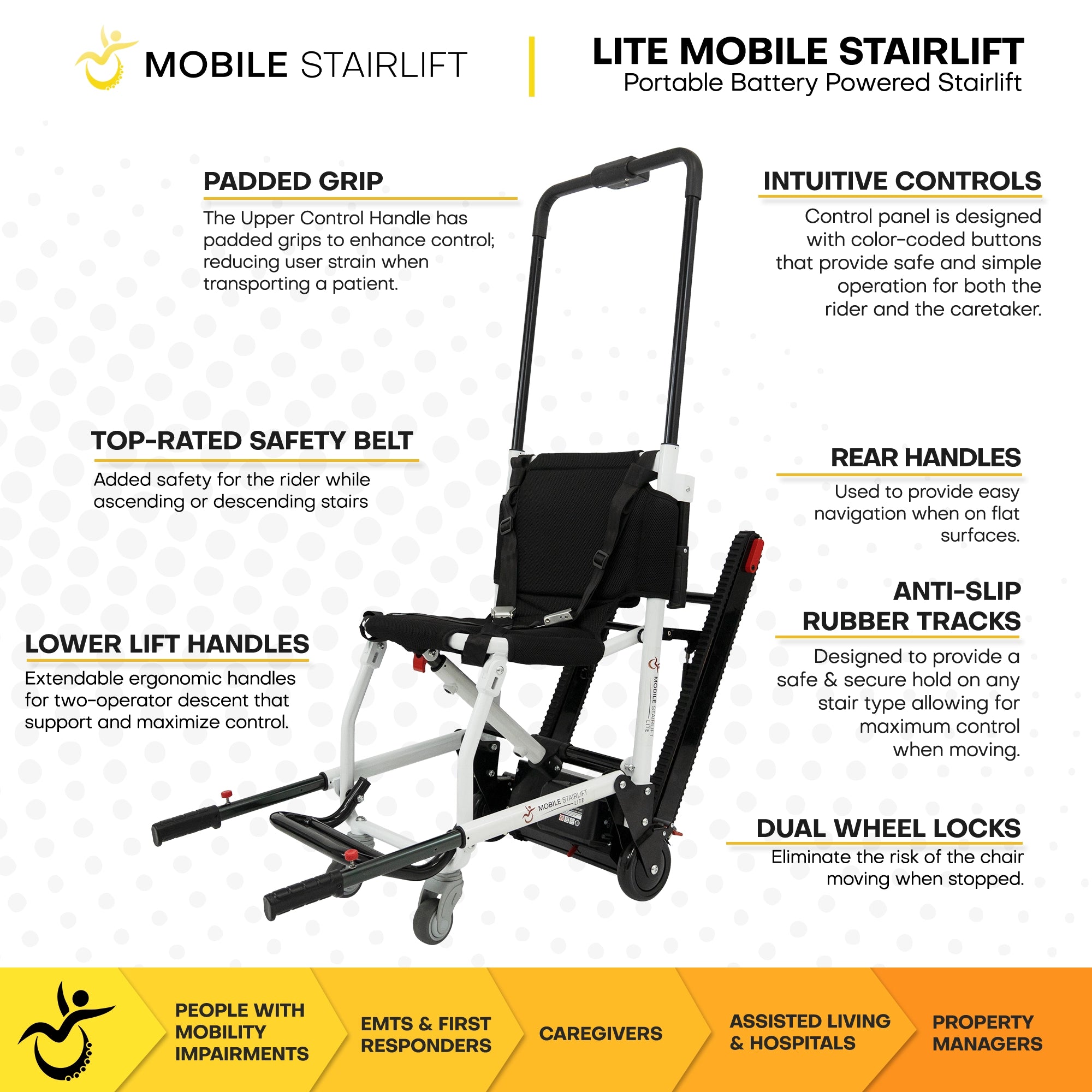 LITE mobile stairlift features anti slip rubber tracks and dual wheel locks