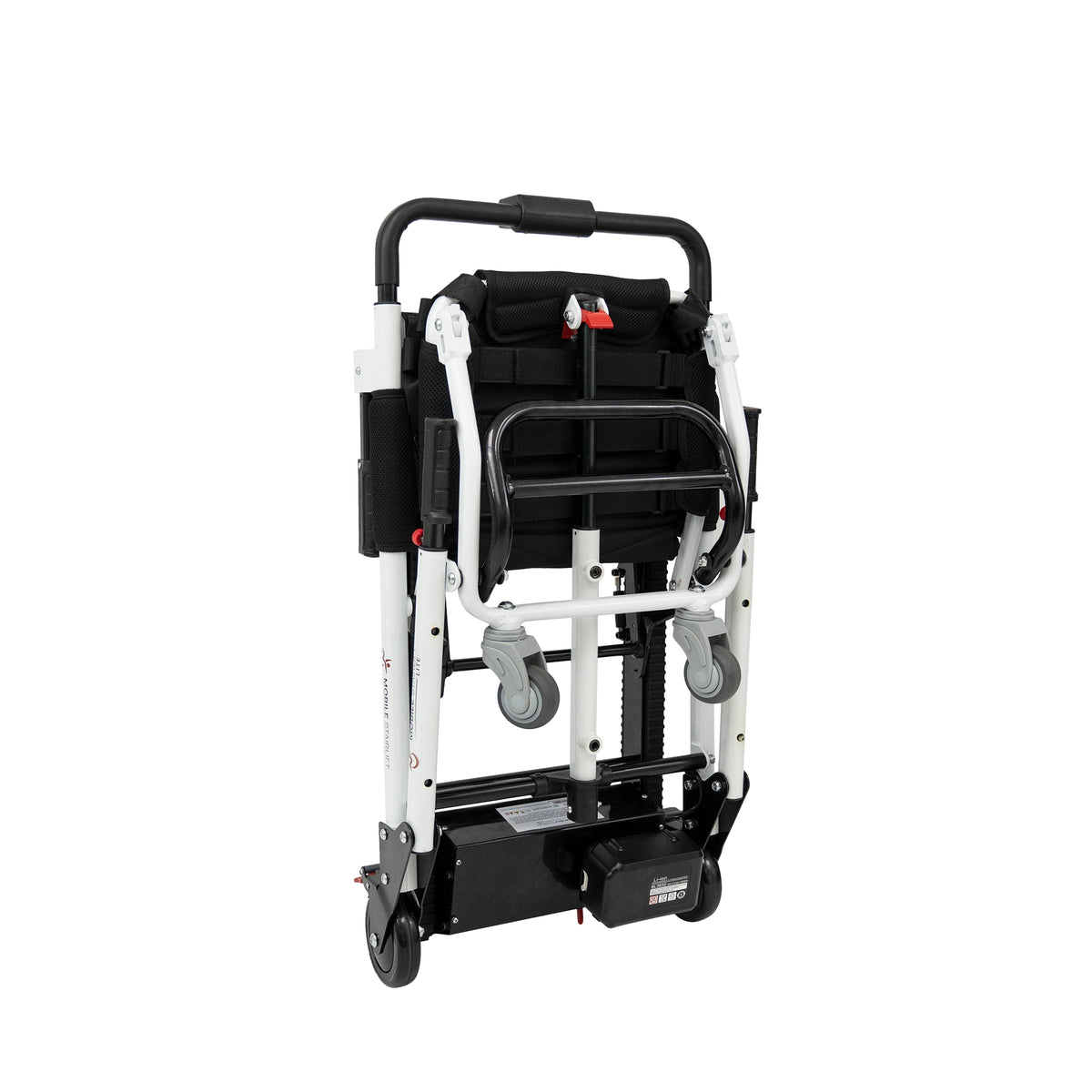 LITE Mobile Stairlift rear view showing compact folded frame and battery pack for easy transport