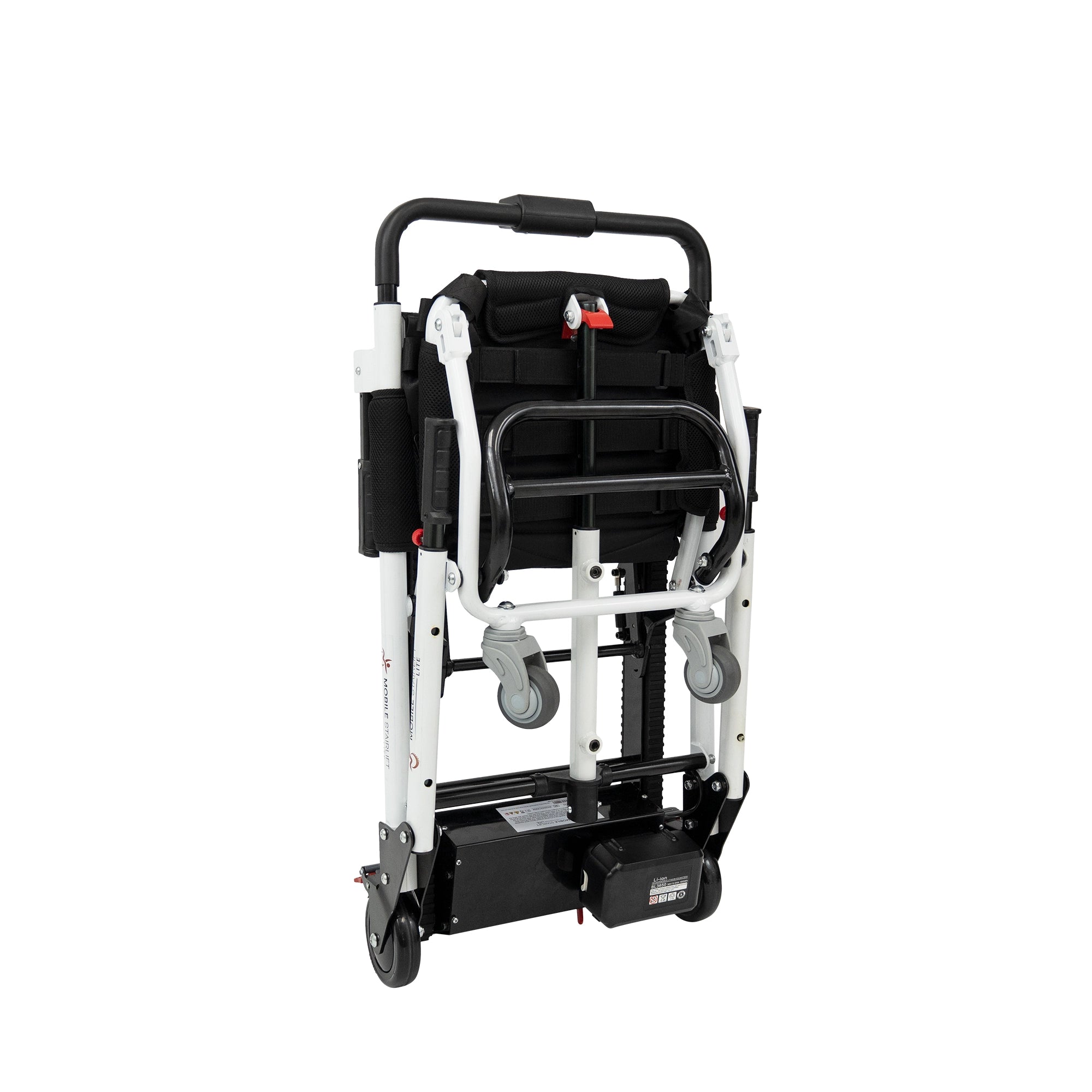 LITE Mobile Stairlift rear view showing compact folded frame and battery pack for easy transport