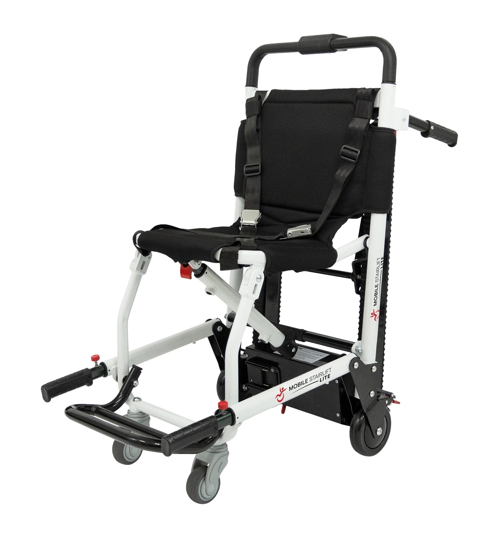 LITE Ultra Lightweight Mobile Stairlift white portable battery-powered stair chair with safety harness