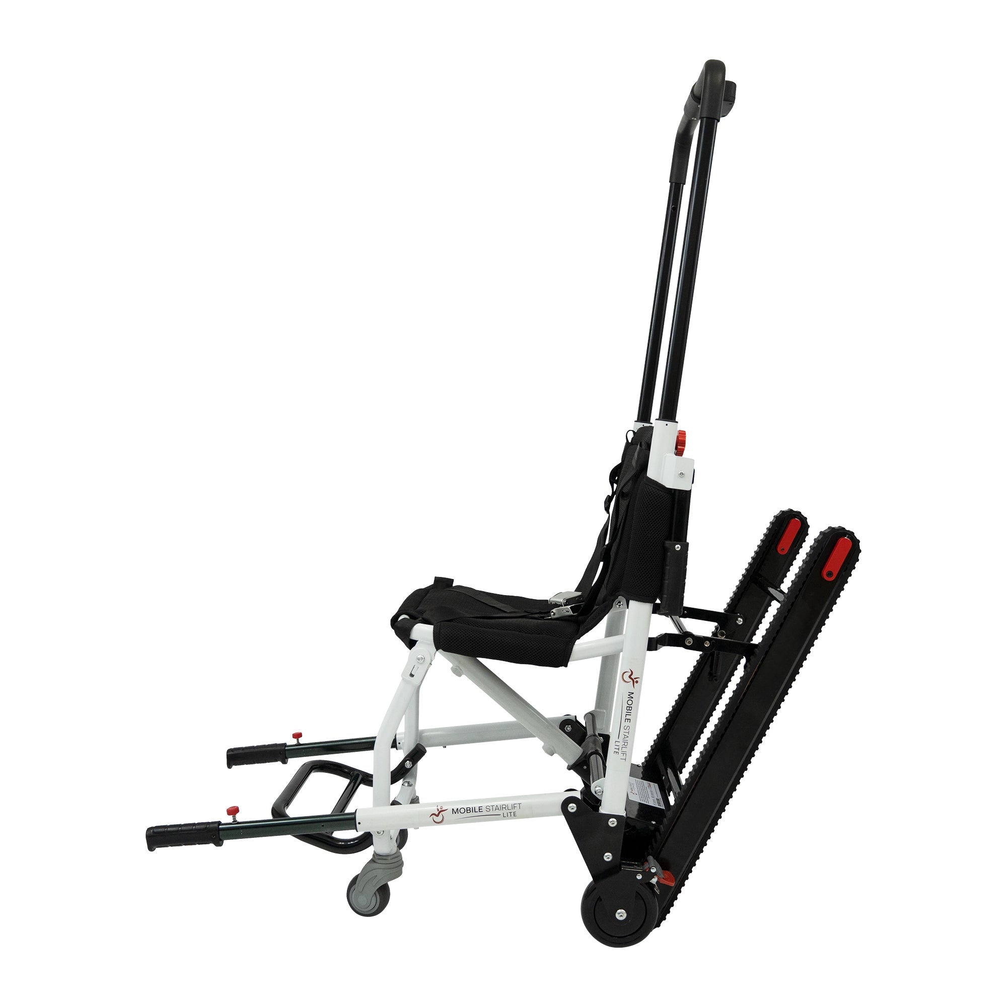 LITE Mobile Stairlift in stair-climbing position showing tilted track wheels for safe ascent and descent