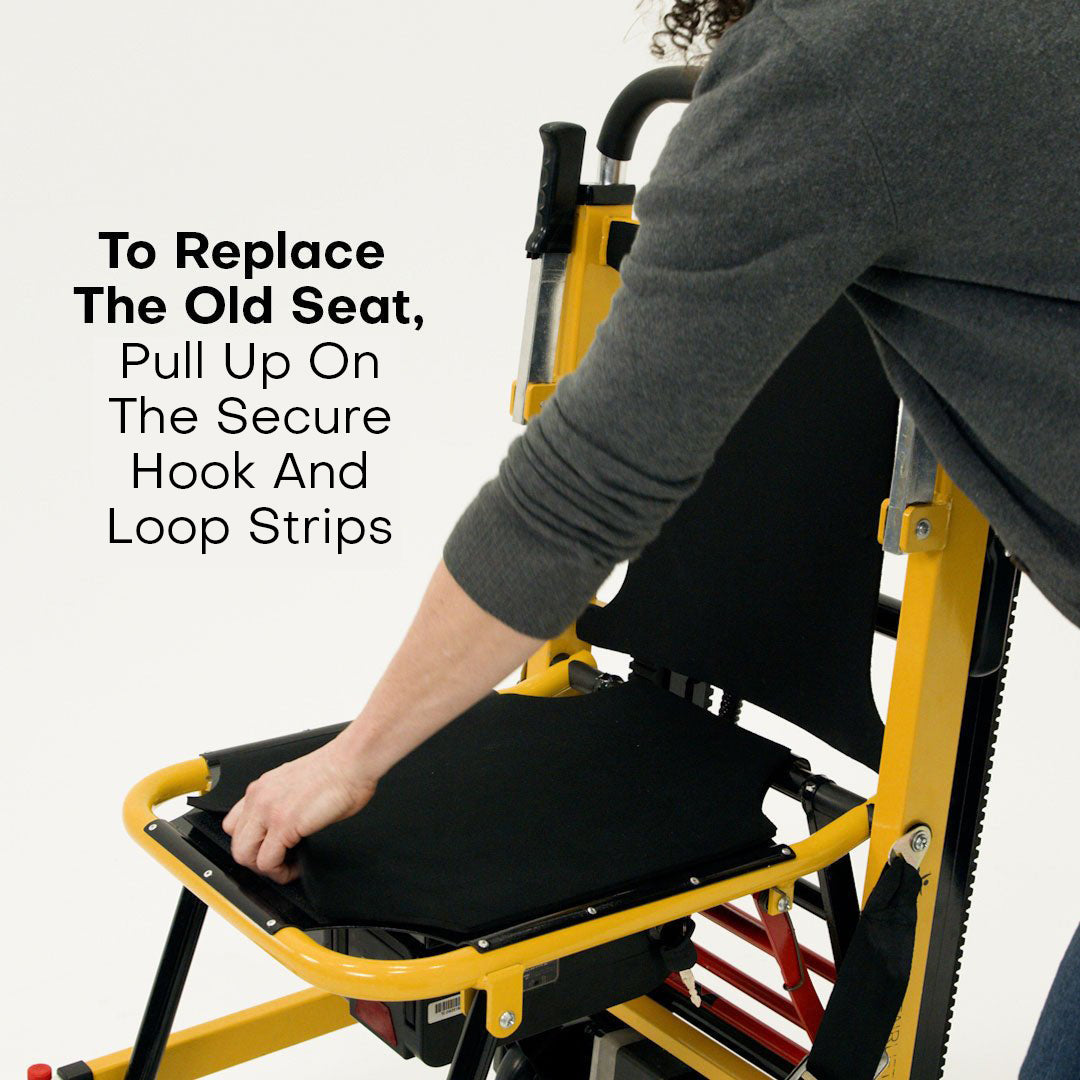 Instructions for replacing the Seat & Back Cushion on a Powered Mobile Stairlift using the secure hook and loop strips