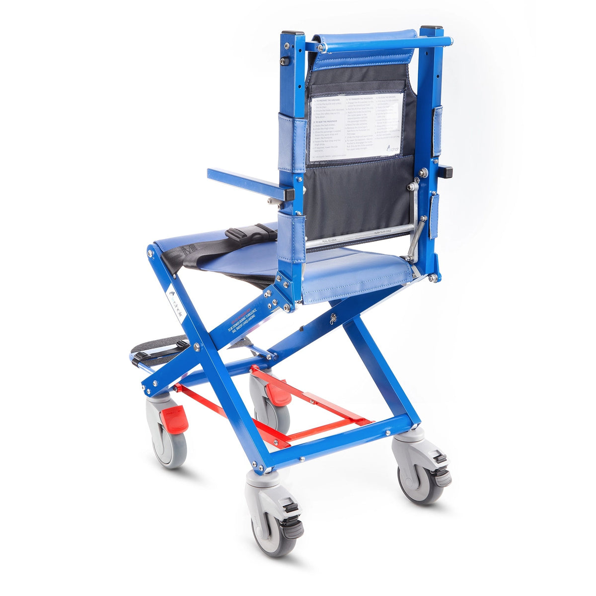 Antimicrobial-coated aluminum frame and wipe-clean seat covers on the Airchair II aisle chair