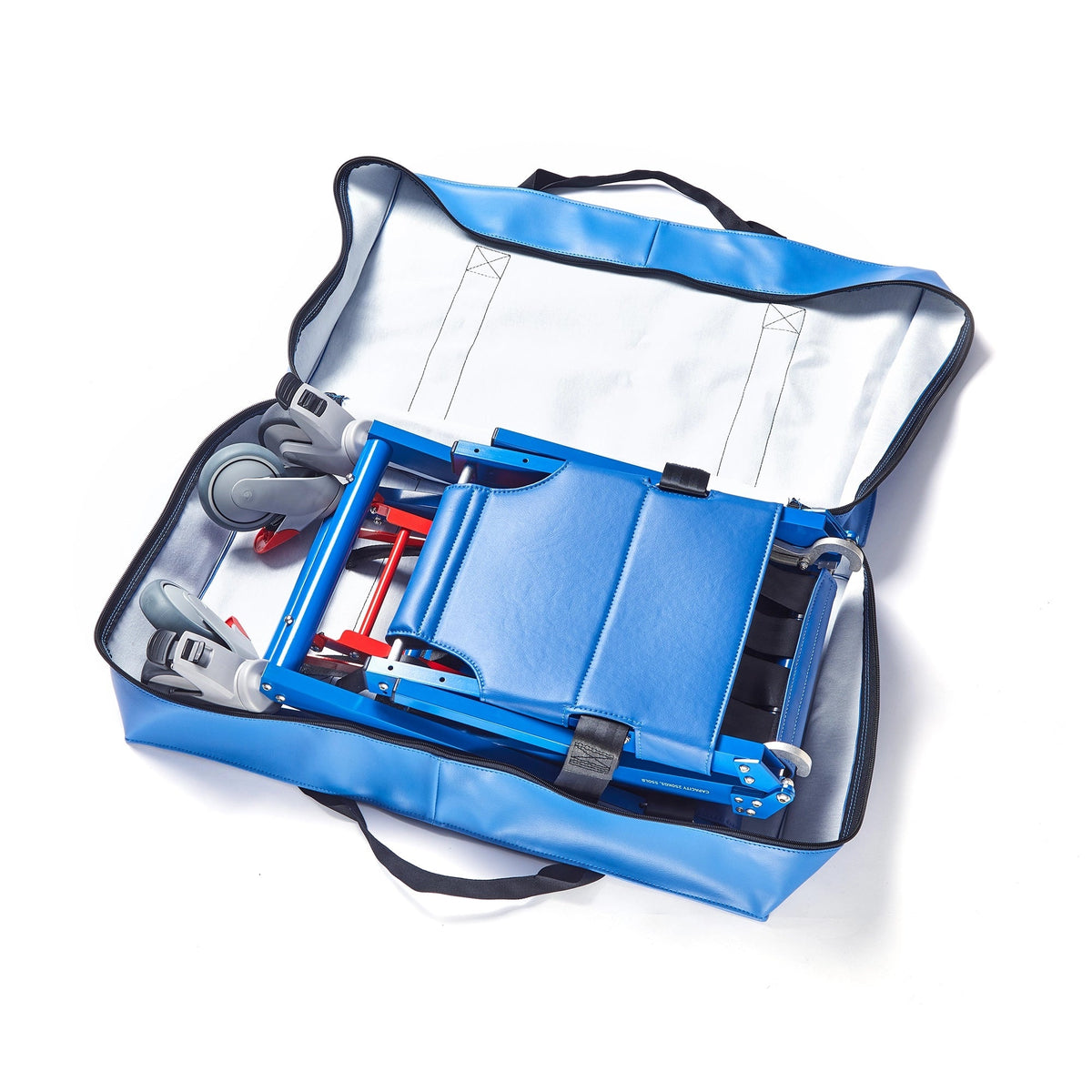 Retracting push-bar backrest on the Airchair II, used for lateral transfers into an aircraft seat