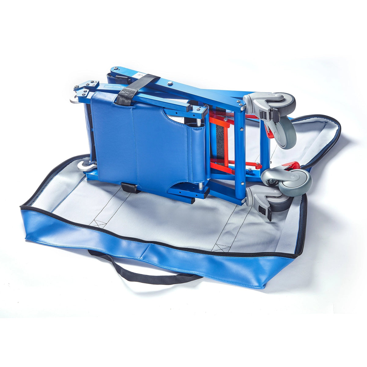 Waist and thigh restraint straps and folding arm restraint on the Airchair II aisle chair