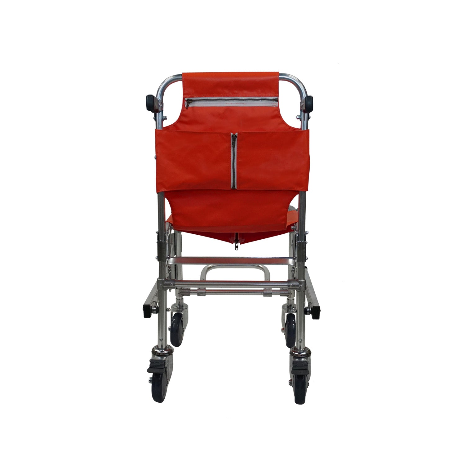 Rear view of HyperLite stair chair showing rear locking wheels for flat ground transport