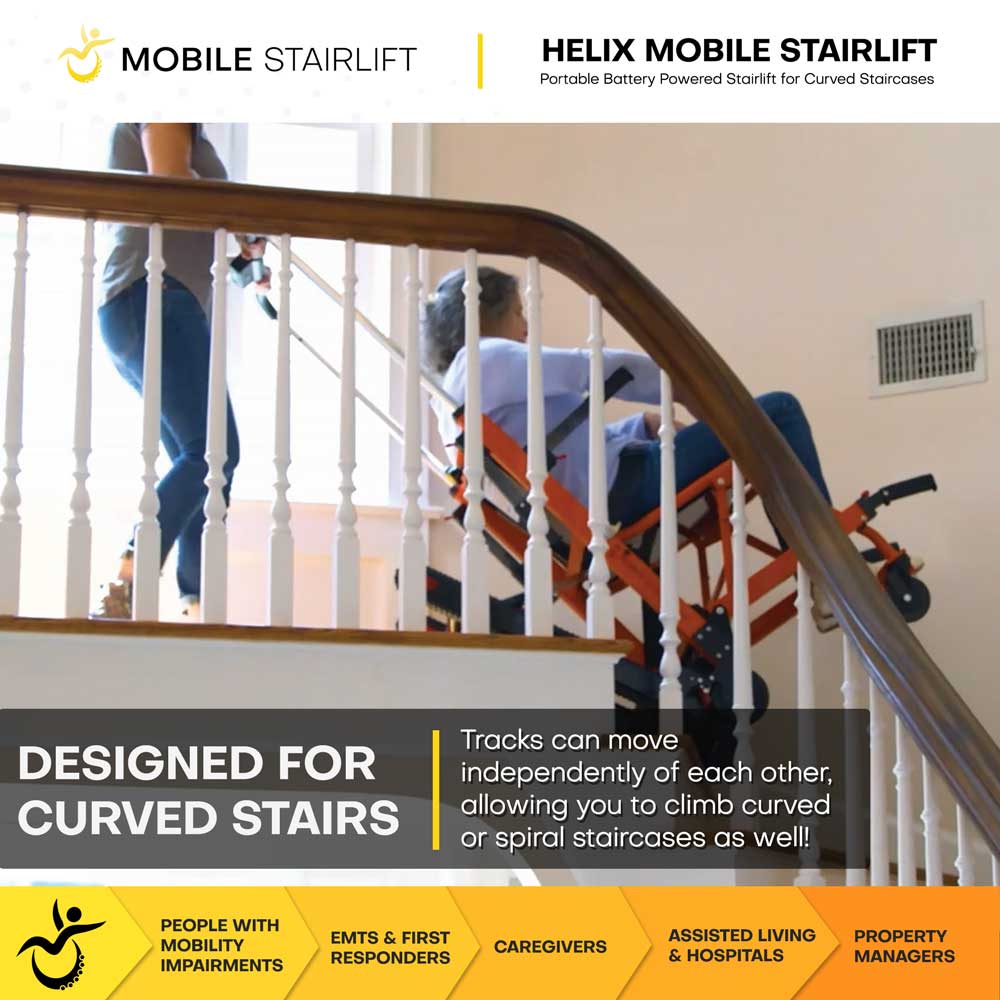Caregiver using Helix stairlift to move rider down a curved staircase