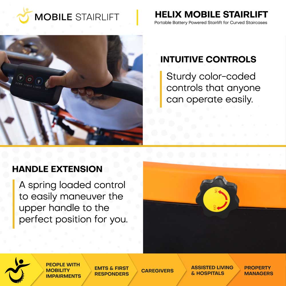 Helix stairlift color coded intuitive controls and spring loaded handle extension