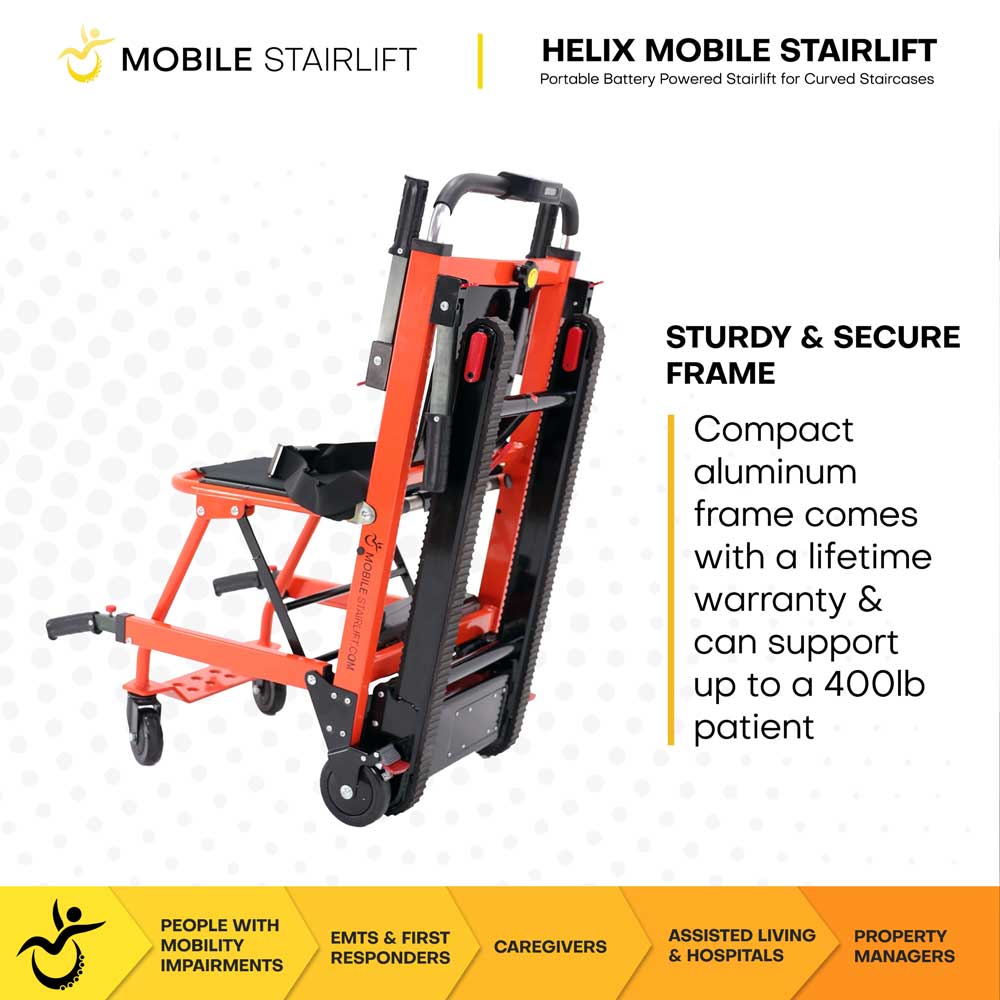 Compact aluminum frame of Helix stairlift rated for 400 lb patient