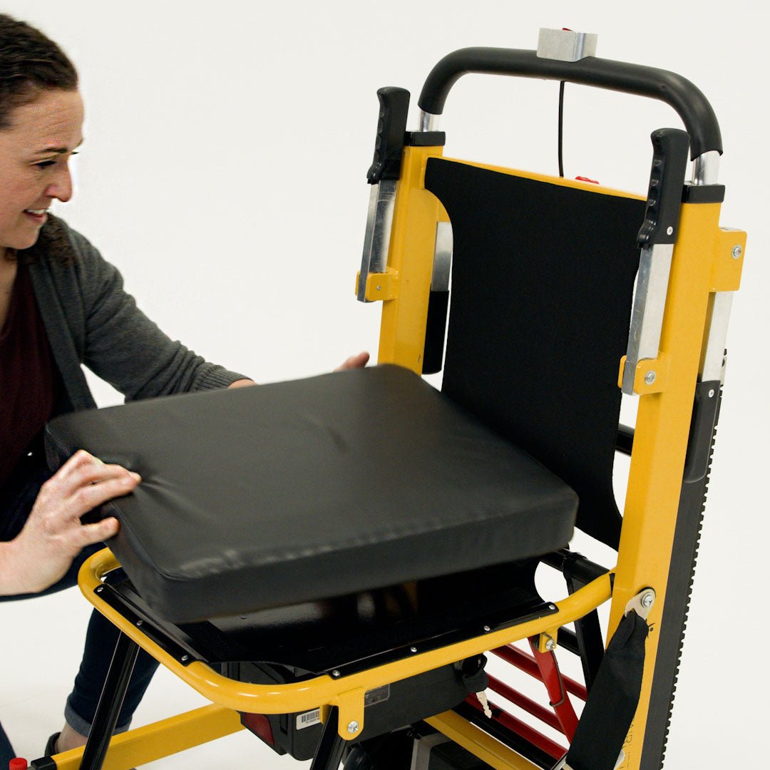 Attaching the Seat & Back Cushion onto a Powered Mobile Stairlift seat for added comfort during stair climbs