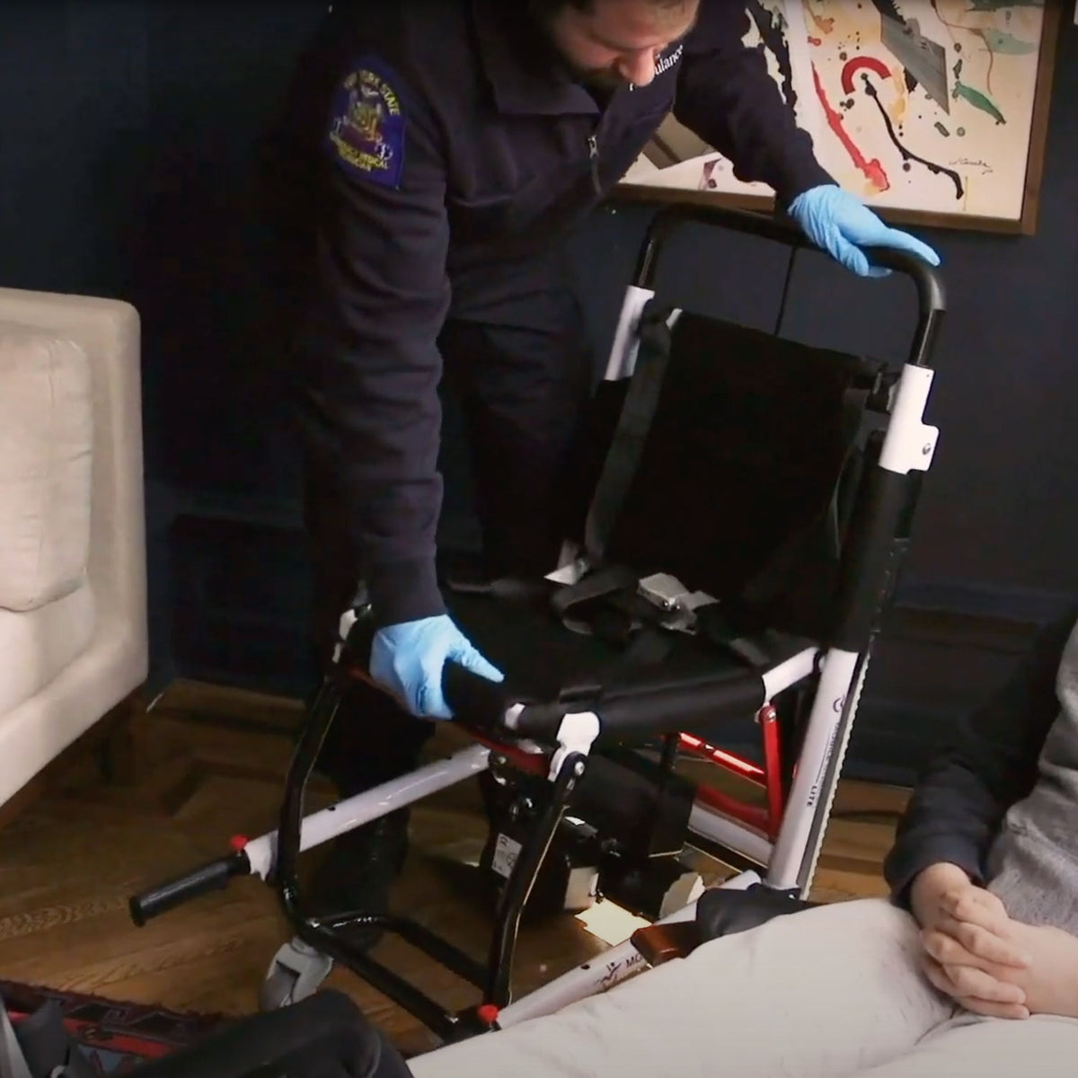 Technician installing the Mesh Seat and Back Replacement onto a Mobile Stairlift LITE for a secure, breathable fit