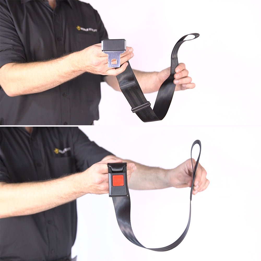 Comparison of standard two point seat belt versus 4-Point Harness buckle upgrade for Mobile Stairlift