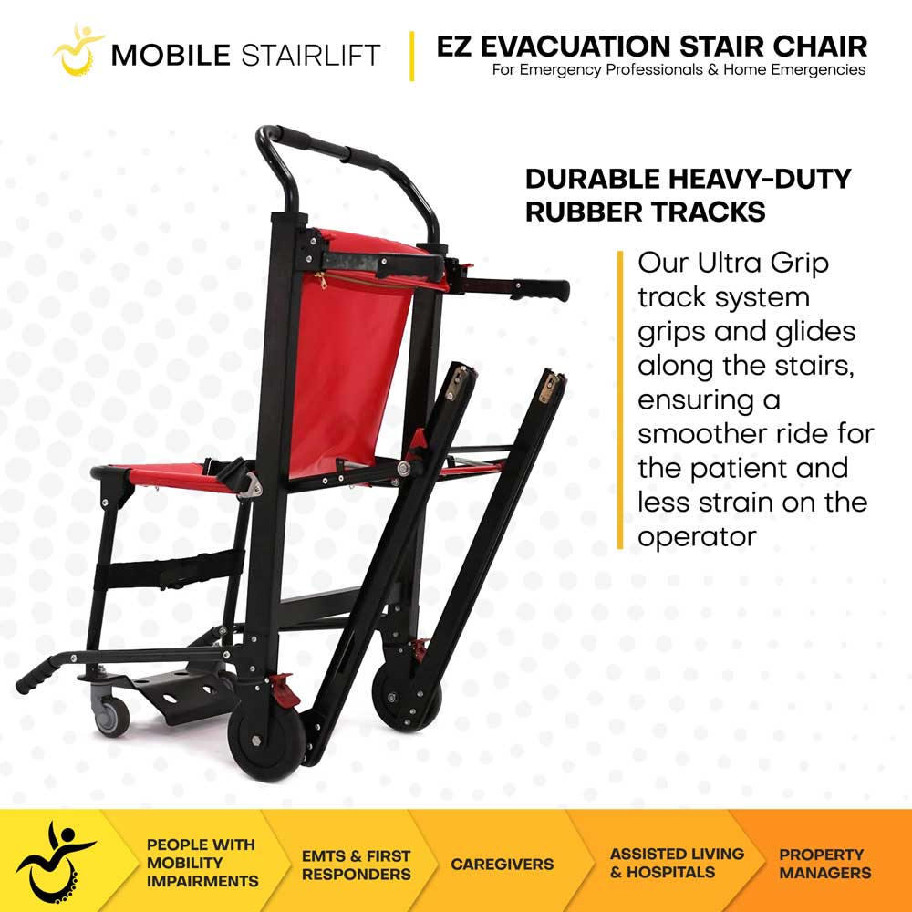 EZ EVAC anti slip rubber tracks with tension controlled braking for controlled stair descent