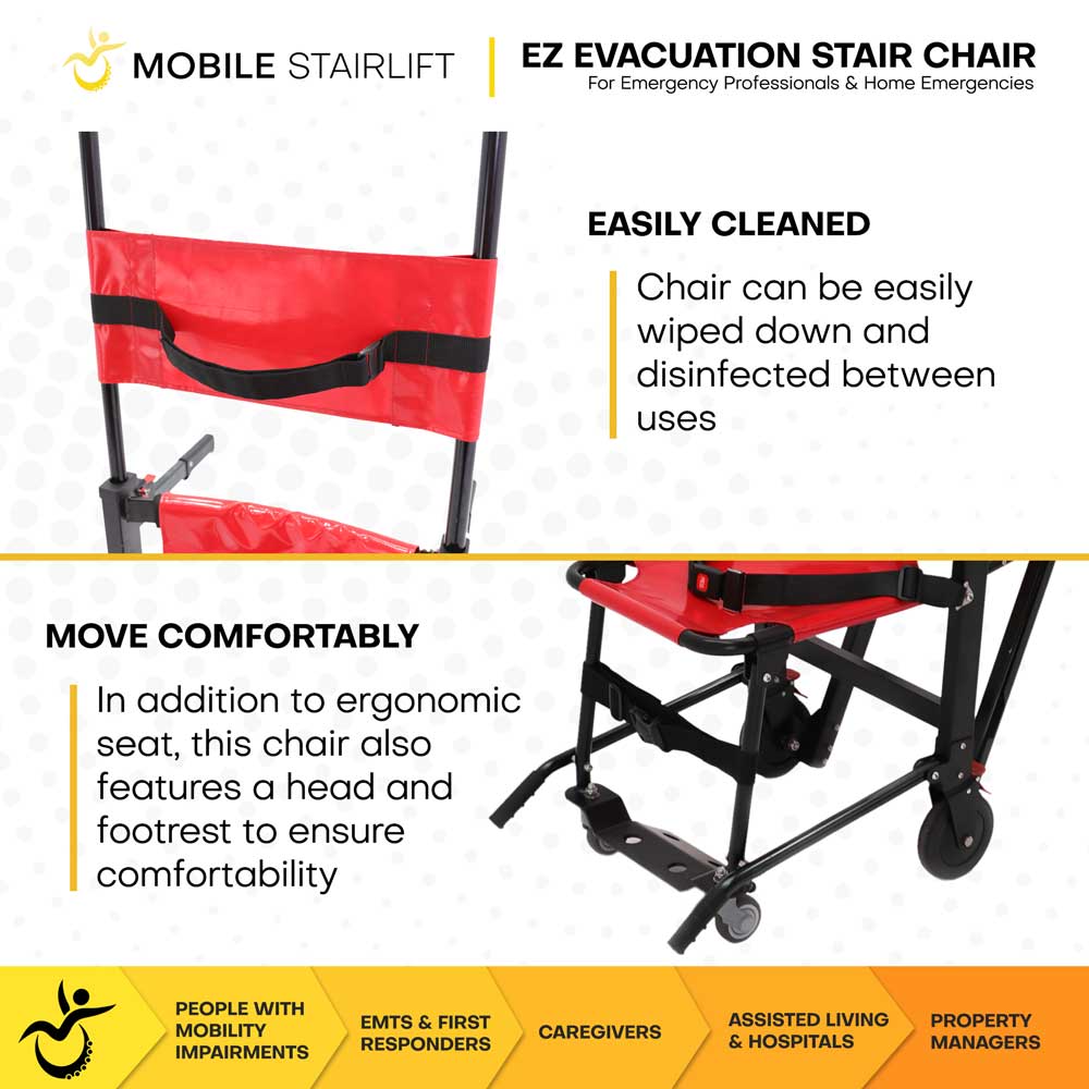 EZ EVAC hospital evacuation chair with easy clean seat and ergonomic head and footrest