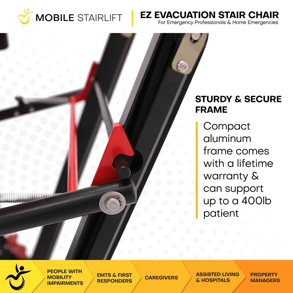 Lightweight high strength aluminum frame of the EZ EVAC 400 lb evacuation chair